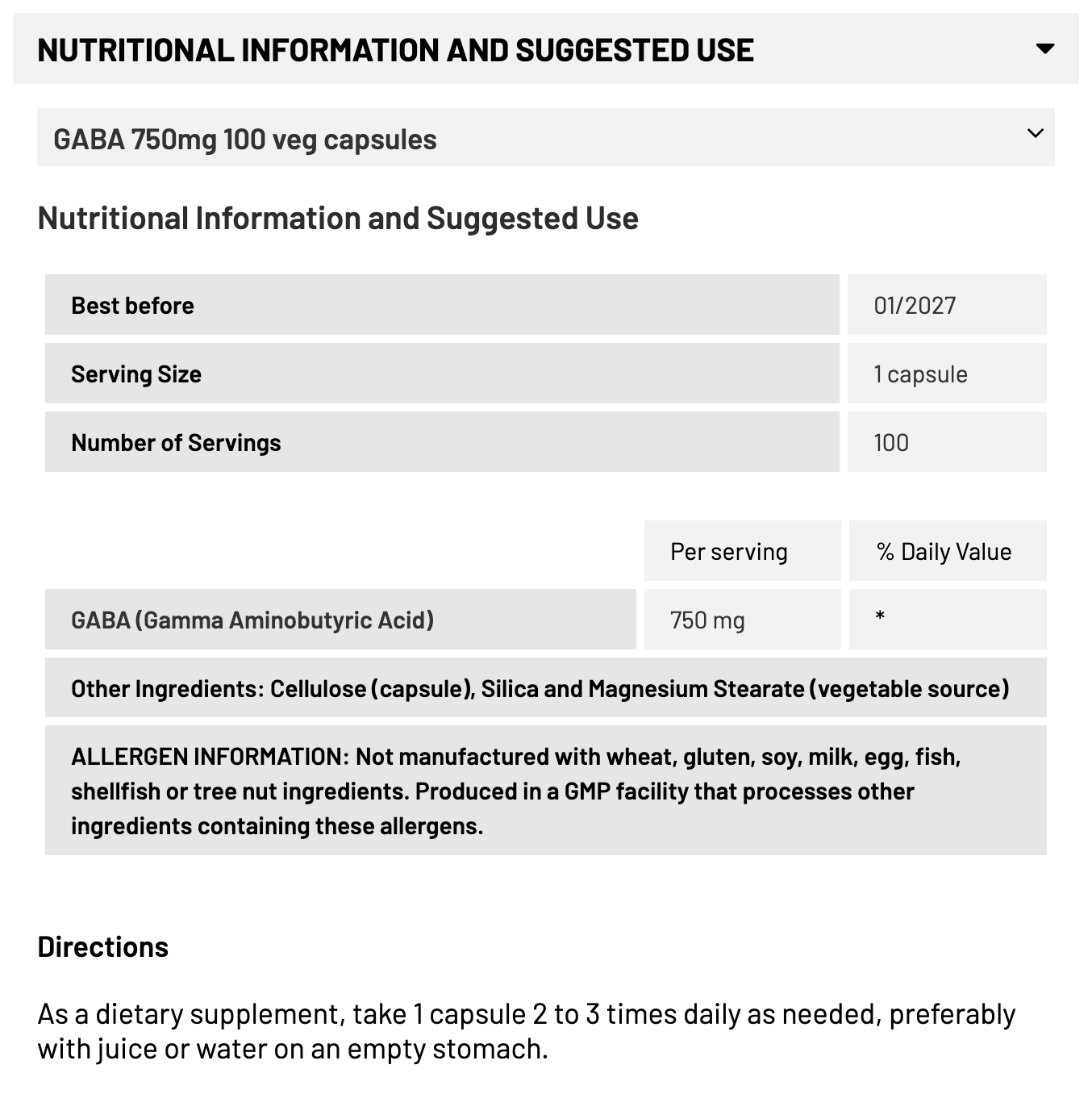 NOW FOOD GABA 750 MG - 100 VEG CAPSULES