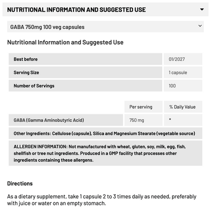 NOW FOOD GABA 750 MG - 100 VEG CAPSULES